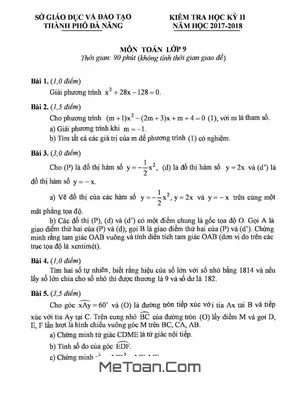Đề thi HK2 Toán 9 năm học 2017 - 2018 Sở GD&ĐT Đà Nẵng