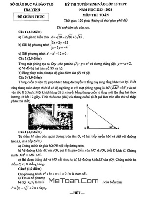 Đề thi tuyển sinh lớp 10 môn Toán năm 2023 - 2024 sở GD&ĐT Trà Vinh