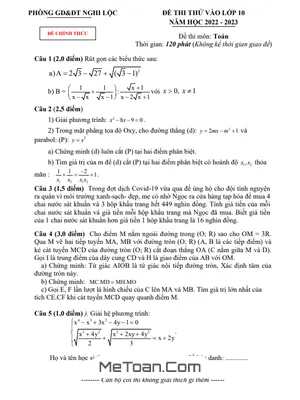 Đề thi thử Toán vào lớp 10 năm 2022 - 2023 phòng GD&ĐT Nghi Lộc - Nghệ An