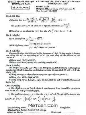 Đề thi chọn học sinh giỏi cấp tỉnh môn Toán THCS năm 2023 - 2024 sở GD&ĐT Quảng Nam