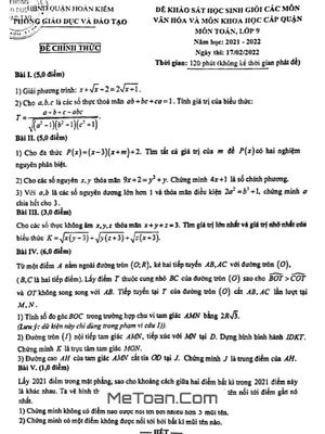Đề thi học sinh giỏi Toán 9 năm 2021 - 2022 phòng GD&ĐT quận Hoàn Kiếm - Hà Nội