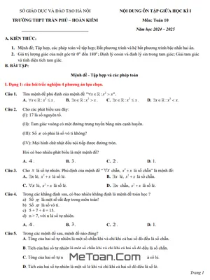 Đề Cương Ôn Tập Giữa Kì 1 Toán 10 Năm 2024 - 2025 Trường THPT Trần Phú - Hà Nội