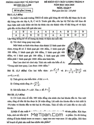 Đề khảo sát tháng 9 Toán 9 năm 2024 - 2025 phòng GD&ĐT Gia Lâm - Hà Nội