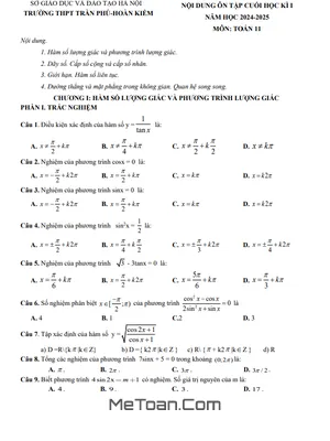 Ôn Tập Cuối Kì 1 Toán 11 Năm 2024 - 2025 Trường THPT Trần Phú - Hà Nội