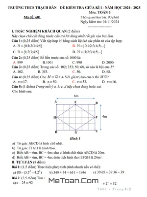 Đề Giữa Kỳ 1 Toán 6 Năm 2024 – 2025 Trường THCS Thạch Bàn, Hà Nội Có Đáp Án