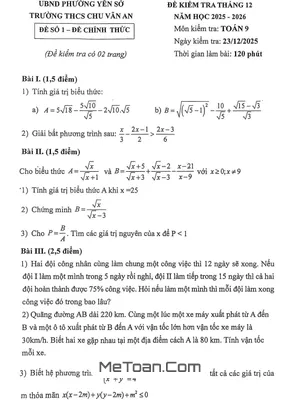 Đề kiểm tra Toán 9 tháng 12 năm 2025 trường THCS Chu Văn An – Hà Nội