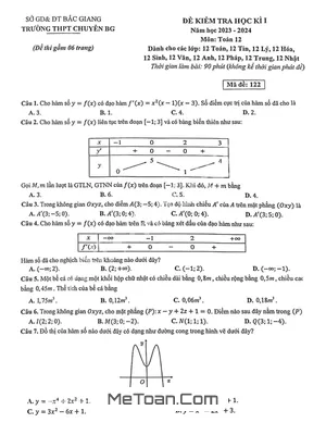 Đề thi học kì 1 Toán 12 năm 2023 - 2024 trường THPT chuyên Bắc Giang