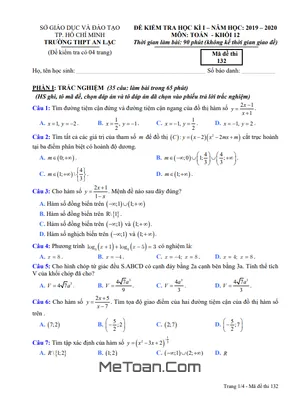 Đề thi học kì 1 Toán 12 năm 2019 - 2020 trường THPT An Lạc - TP HCM