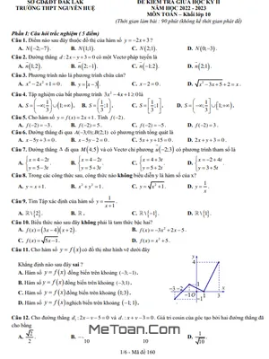 Đề giữa kì 2 Toán 10 năm 2022 – 2023 trường THPT Nguyễn Huệ – Đắk Lắk