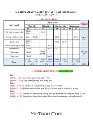 Đề thi Giữa Học Kỳ 1 Toán 11 Năm 2020-2021 Trường THPT Lương Thúc Kỳ - Quảng Nam