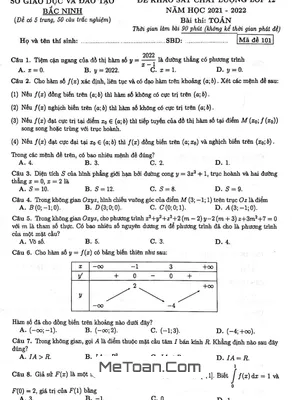 Đề khảo sát chất lượng Toán 12 năm 2021 - 2022 sở GD&ĐT Bắc Ninh