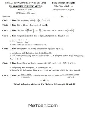 Đề thi học kì 2 Toán 10 năm 2019 - 2020 trường THPT An Dương Vương - TP HCM