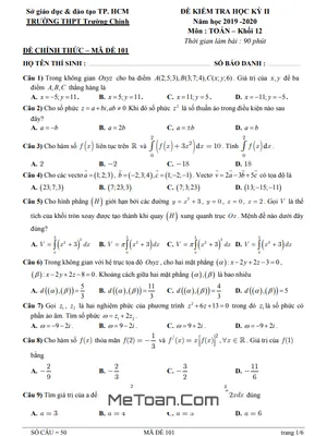 Đề thi học kì 2 Toán 12 năm 2019 - 2020 trường THPT Trường Chinh - TP HCM