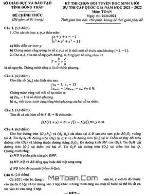 Đề chọn đội tuyển thi HSG Toán Quốc gia năm 2021 – 2022 sở GD&ĐT Đồng Tháp