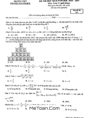 Đề thi học kì 2 Toán 11 năm 2018 - 2019 trường chuyên Nguyễn Huệ - Hà Nội