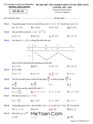 Đề thi thử THPT Quốc gia 2024 môn Toán lần 3 trường chuyên Thái Bình - Có đáp án