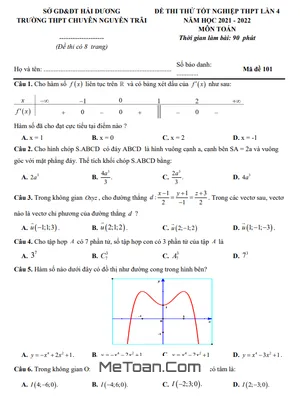 Đề thi thử Toán TN THPT 2022 lần 4 trường chuyên Nguyễn Trãi – Hải Dương