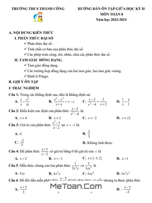 Ôn Tập Giữa Kỳ 2 Toán 8 Năm 2023 - 2024 Trường THCS Thành Công - Hà Nội