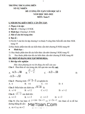 Ôn Tập Cuối Học Kỳ 1 Toán 9 Năm 2021 - 2022 Trường THCS Long Biên – Hà Nội