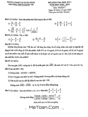 Đề thi HK1 Toán 7 năm 2020 - 2021 trường THCS Giảng Võ - Hà Nội