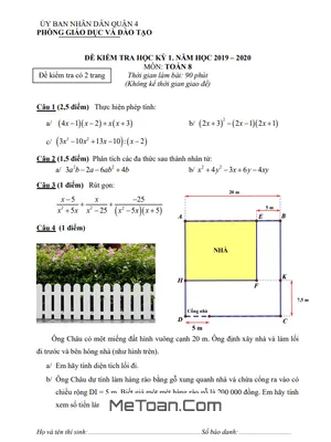 Đề thi học kỳ 1 Toán 8 năm 2019 - 2020 phòng GD&ĐT Quận 4 - TP HCM