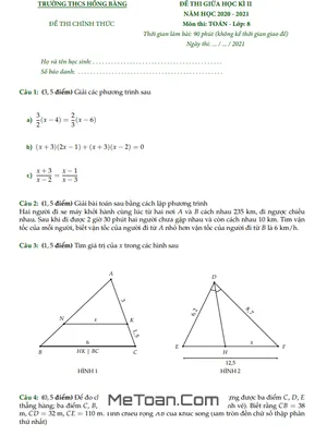 Đề thi giữa kì 2 Toán 8 năm 2020 - 2021 trường THCS Hồng Bàng - TP.HCM