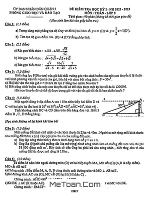 Đề thi học kỳ 1 Toán lớp 9 năm 2022 - 2023 phòng GD&ĐT Quận 5 - TP.HCM