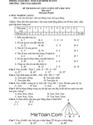 Đề khảo sát giữa kỳ 2 môn Toán lớp 7 năm 2019 - 2020 trường THCS Gia Khánh - Vĩnh Phúc (có đáp án)