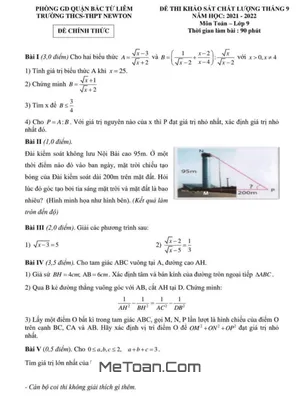 Đề khảo sát chất lượng Toán 9 năm 2021 - 2022 trường THCS&THPT Newton - Hà Nội