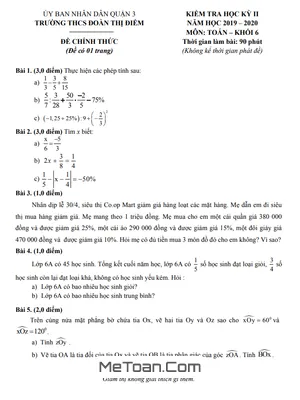 Đề thi HK2 Toán lớp 6 năm 2019 - 2020 trường THCS Đoàn Thị Điểm - TP. HCM (Có đáp án)