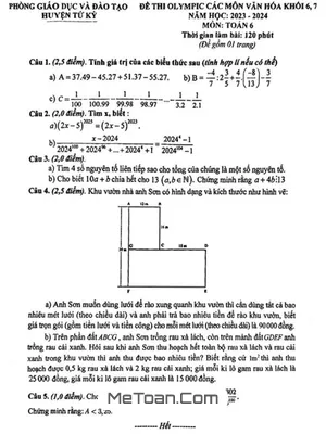 Đề thi Olympic Toán 6 năm 2023 - 2024 phòng GD&ĐT Tứ Kỳ - Hải Dương