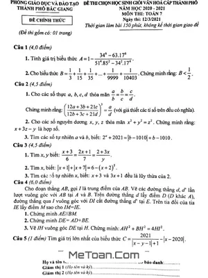 Đề thi HSG Toán 7 năm học 2020 - 2021 phòng GD&ĐT thành phố Bắc Giang