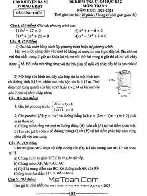 Đề thi Toán 9 học kì 2 năm 2023-2024 phòng GD&ĐT Ba Vì - Hà Nội