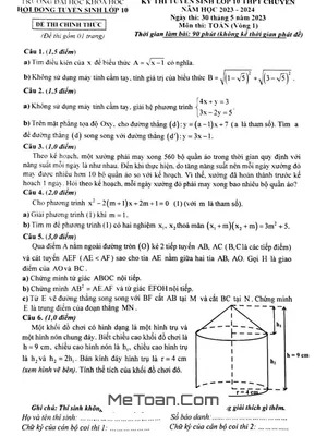 Đề thi tuyển sinh lớp 10 chuyên Toán (vòng 1) năm 2023 - 2024 trường ĐH Khoa học Huế
