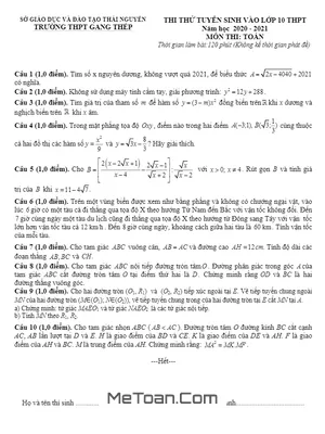 Đề thi thử vào lớp 10 môn Toán năm 2020 - 2021 trường Gang Thép - Thái Nguyên
