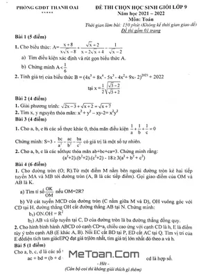 Đề thi HSG Toán 9 năm 2021 - 2022 phòng GD&ĐT Thanh Oai - Hà Nội