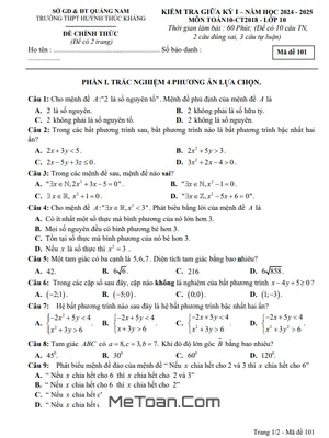 Đề thi giữa kỳ 1 Toán 10 năm 2024 - 2025 trường THPT Huỳnh Thúc Kháng - Quảng Nam