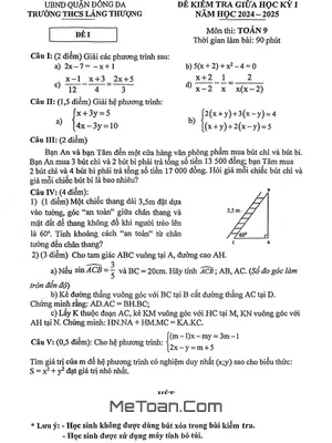 Đề thi giữa kì 1 Toán 9 năm 2024 - 2025 trường THCS Láng Thượng - Hà Nội