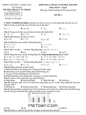 Đề Thi Cuối Kỳ 1 Toán 8 Năm 2024 - 2025 Trường THCS Lý Tự Trọng - Quảng Nam
