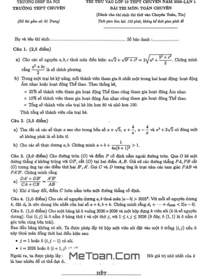 Đề Thi Thử Tuyển Sinh Lớp 10 Môn Toán (Chuyên) Năm 2026 Lần 1 Trường Chuyên ĐHSP Hà Nội