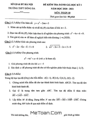 Đề thi học kỳ 1 Toán 10 năm 2020 - 2021 trường THPT Đống Đa - Hà Nội