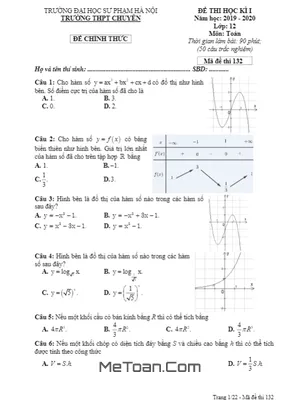 Đề thi học kì 1 Toán 12 năm 2019 - 2020 trường THPT chuyên ĐHSP Hà Nội