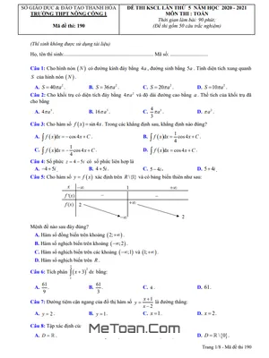 Đề KSCL Toán 12 Lần 5 Năm 2020 - 2021 Trường Nông Cống 1 - Thanh Hóa