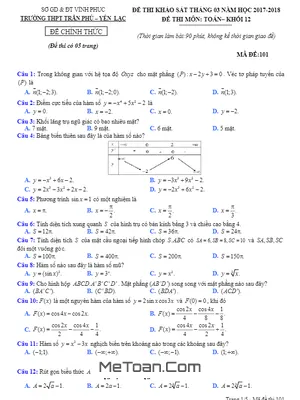 Đề thi khảo sát Toán 12 tháng 3/2018 trường Trần Phú & Yên Lạc - Vĩnh Phúc