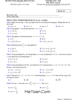 Đề kiểm tra học kỳ 2 Toán 10 năm 2019 - 2020 trường PTDT nội trú Thái Nguyên