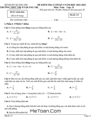 Đề thi học kì 1 Toán 11 năm 2021 - 2022 trường THPT Thị xã Quảng Trị