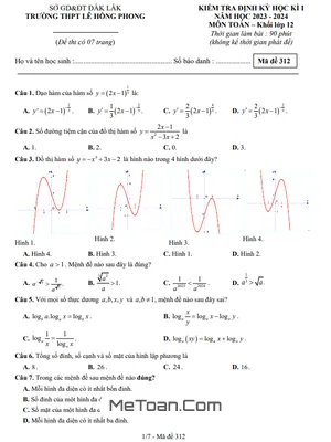 Đề thi giữa kì 1 Toán 12 năm 2023 - 2024 trường THPT Lê Hồng Phong - Đắk Lắk
