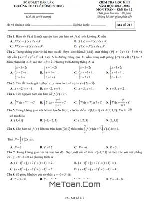 Đề thi cuối kì 2 Toán 12 năm 2023 - 2024 trường THPT Lê Hồng Phong - Đắk Lắk
