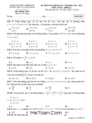 Đề kiểm tra HK2 Toán 12 năm 2018 - 2019 trường An Lương Đông - TT Huế