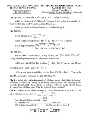 Đề thi học sinh giỏi Toán 10 cấp trường năm 2019 - 2020 trường THPT Lưu Hoàng - Hà Nội